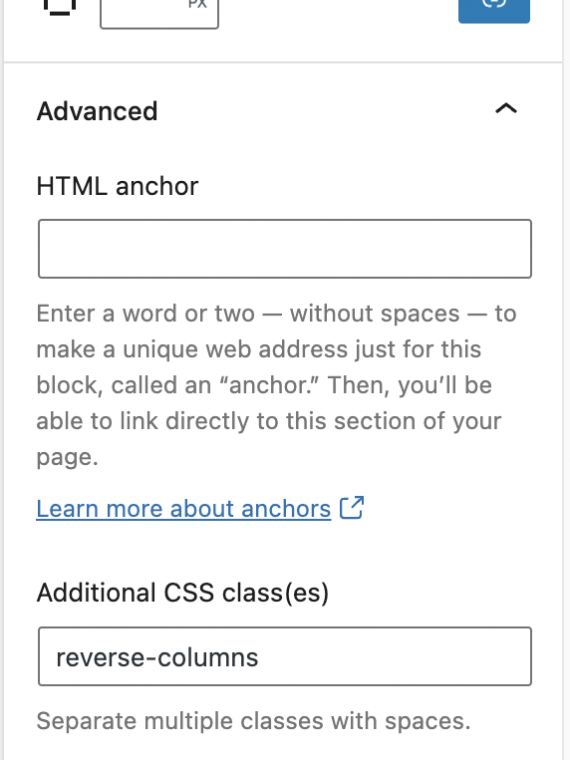 screenshot to add CSS class on the block